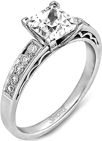 This image shows the setting with a 1.00ct princess cut diamond. The setting can be ordered to accommodate any shape/size diamond listed in the setting details section below. 