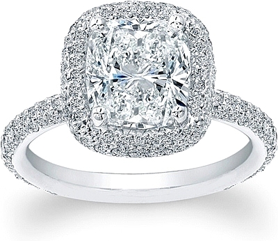 This image shows the setting with a 2.00ct cushion cut center diamond. The setting can be ordered to accommodate any shape/size diamond listed in the setting details section below.